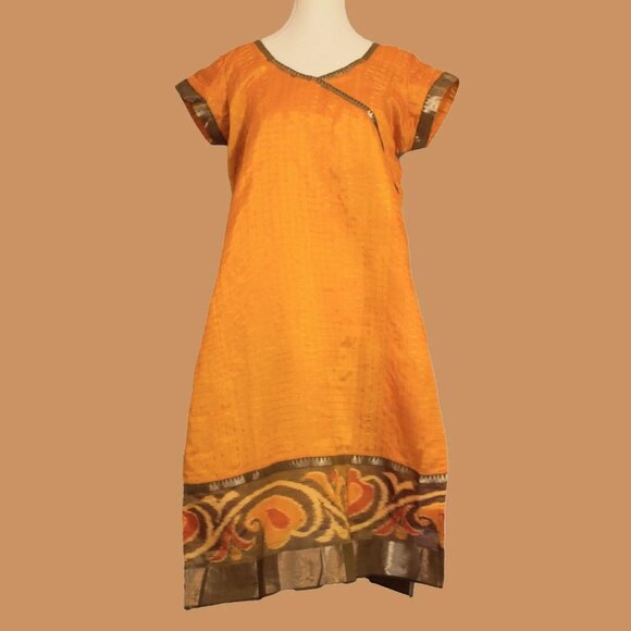 Yellow and Blue Silk Kurta with Gold Border | Muvvas Boutique - Picture 2 of 5
